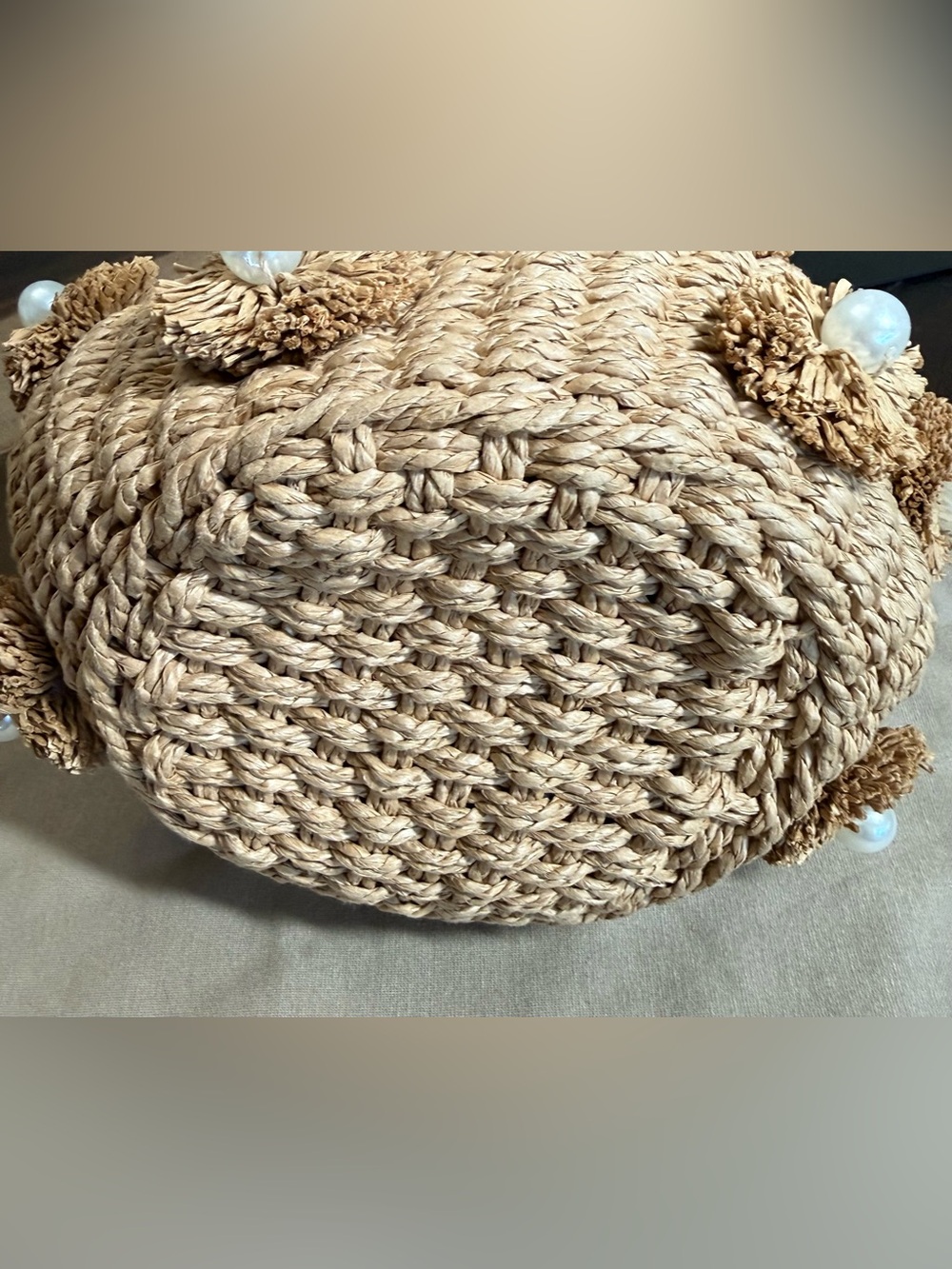 Natural Raffia Round Tote with Pearl Pom-Poms - Picture 7 of 7